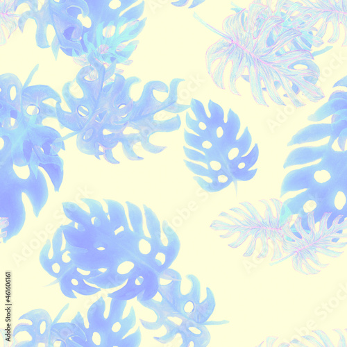 Azure Monstera Pattern Leaf. Seamless Monstera. Navy Watercolor Decor. Tropical Backdrop. Floral Plant. Summer Monstera.Vintage Painting.Botanical Illustration.