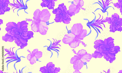 Pink Hibiscus Decor. Purple Flower Palm. Vanilla Seamless Palm. Violet Watercolor Background. Pattern Illustration. Tropical Leaves. Exotic Garden.Art Plant