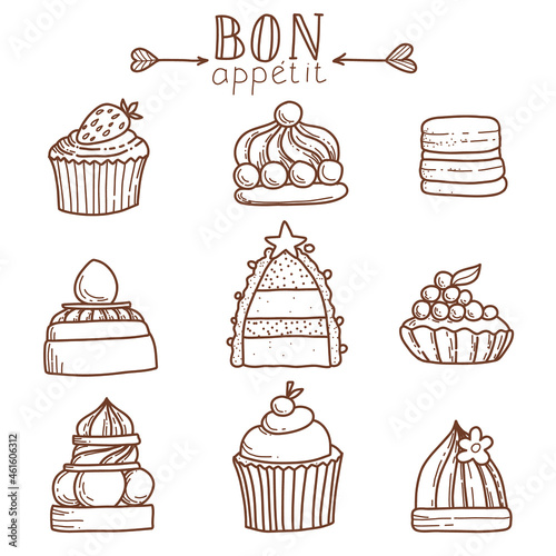 Bon Appetit. Set of Cute cakes and pies. Hand drawn vector illustration.