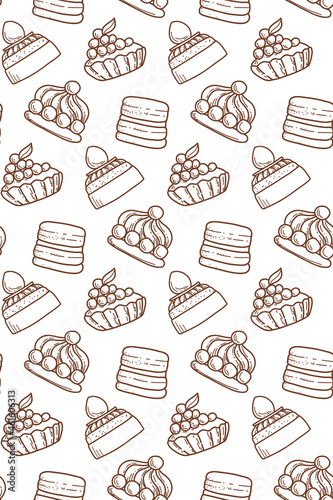 Bon Appetit. Seamless Pattern with  Cute cakes and pies. Hand drawn vector illustration.