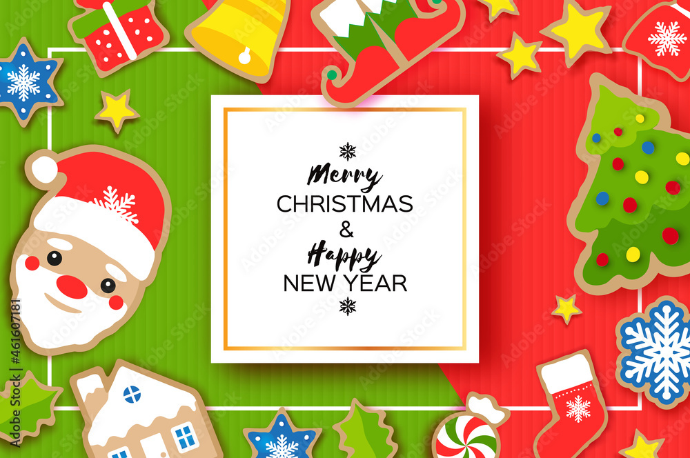 Happy New Year greeting card. Christmas Santa,tree, bell, gift, deer, snowflakes, lollipop, holly, elf boots. Christmas gingerbread paper cut style Winter holidays Happy New Year greeting card. Christmas Santa,tree, bell, gift, deer, snowflakes, lollipop, holly, elf boots. Christmas gingerbread paper cut style Winter holidays