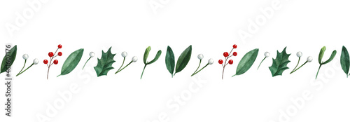 Watercolor seamless border with holiday Christmas plants and berries. Decorative element for invitations and greeting cards