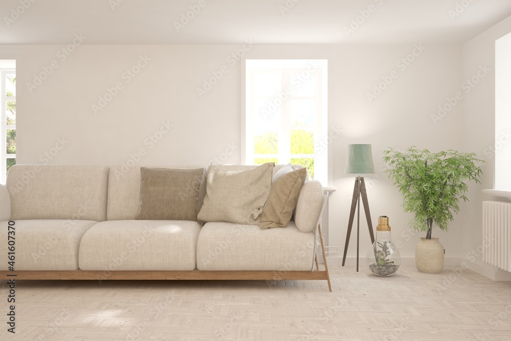 White living room with sofa. Scandinavian interior design. 3D illustration