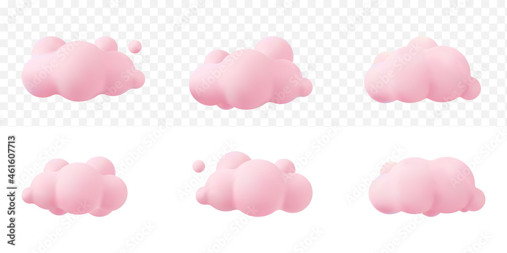 pink 3d realistic clouds set isolated on a tranparent background. Render soft round cartoon fluffy clouds icon in the  sky. 3d geometric shapes vector illustration