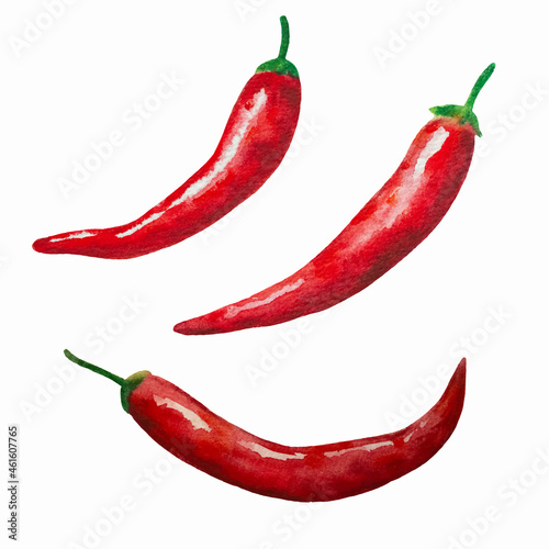 Watercolor painted red hot chili peppers isolated on white background Fototapet