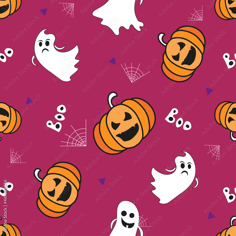 Seamless pattern with orange pumpkins and laughing halloween ghostsand spider on a red background. Handmade graphics. Seamless pattern with orange pumpkins and laughing halloween ghostsand spider on a red background. Handmade graphics.