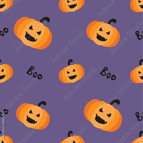 Seamless pattern with orange halloween pumpkins on a purple background. Hand-drawn graphics.