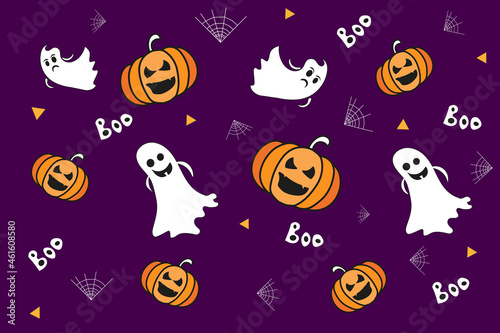 Seamless pattern with orange pumpkins and laughing halloween ghosts on a purple background. Handmade graphics.