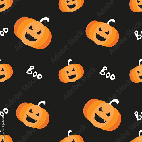 Seamless pattern with orange halloween pumpkins on a black background. Hand-drawn graphics.