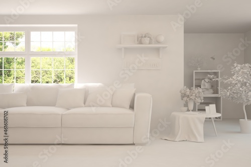 Mock up of stylish room in white color with sofa and green landscape in window. Scandinavian interior design. 3D illustration