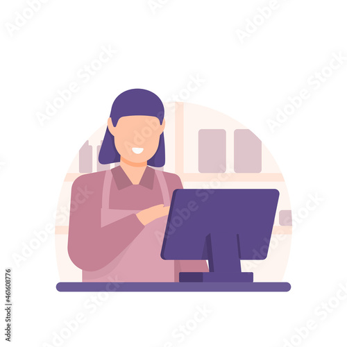 cashier, shop assistant, clerk or supermarket staff. illustration of a woman using a monitor to calculate all the prices of groceries from a customer or buyer. job or profession. flat cartoon style. 