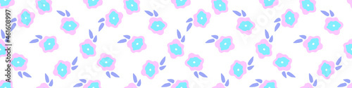 Playful neon floral seamless vector border. Colorful bold flowers in retro silhouette style. Hand drawn whimsical doodle banner. For natural modern edging. 