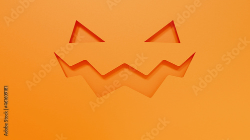 Halloween banner with evil pumpkin face and copy space. Papercut style 3d render illustration