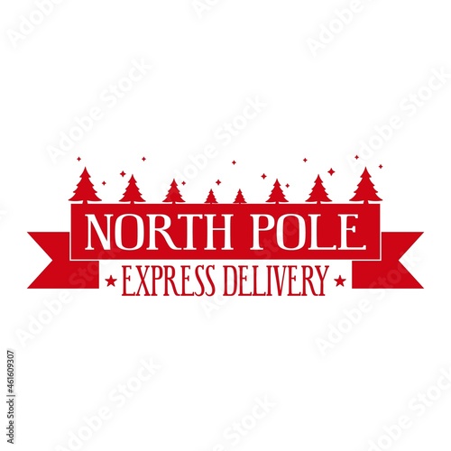 North pole express delivery. Horizontal stamp design for letters or gifts. Christmas vintage decorative element with gift boxes, and texture that can be removed.