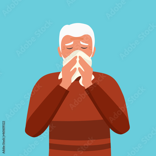 Senior man sneezing concept vector illustration. Old man sneeze in handkerchief. Sick man has flu in winter. Season allergy.