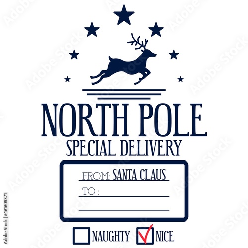 Christmas design for a personalized gift bag from Santa Claus. North pole special delivery for. Naughty or nice checkboxes, reindeer and stars. Template for xmas handmade gifts. Vector illustration.