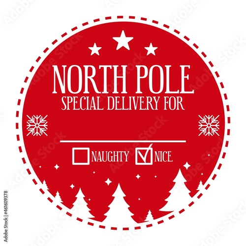 Christmas design for a personalized gift bag from Santa Claus. North pole special delivery for. Naughty or nice checkboxes. Vector illustration on white background. Template for xmas handmade gifts.