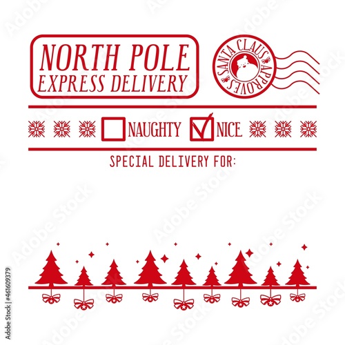 Christmas design for a personalized gift bag from Santa Claus. North pole express delivery. Naughty or nice checkboxes, Santa approves stamp. Template for xmas handmade gifts. Vector illustration.