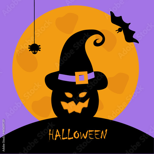 Halloween holiday. Pumpkin in a witch's hat on the background of the full moon. A horror movie with a poke and a bat. Create a postcard, poster, or flyer. Flat illustration.