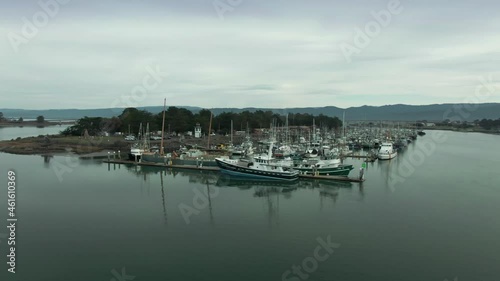 Aerial: Boat marina in Inner Reach and Woodley Island. Eureka, California. USA photo