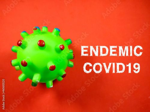 Rubber toy coronavirus with text ENDEMIC COVID 19 on red background.