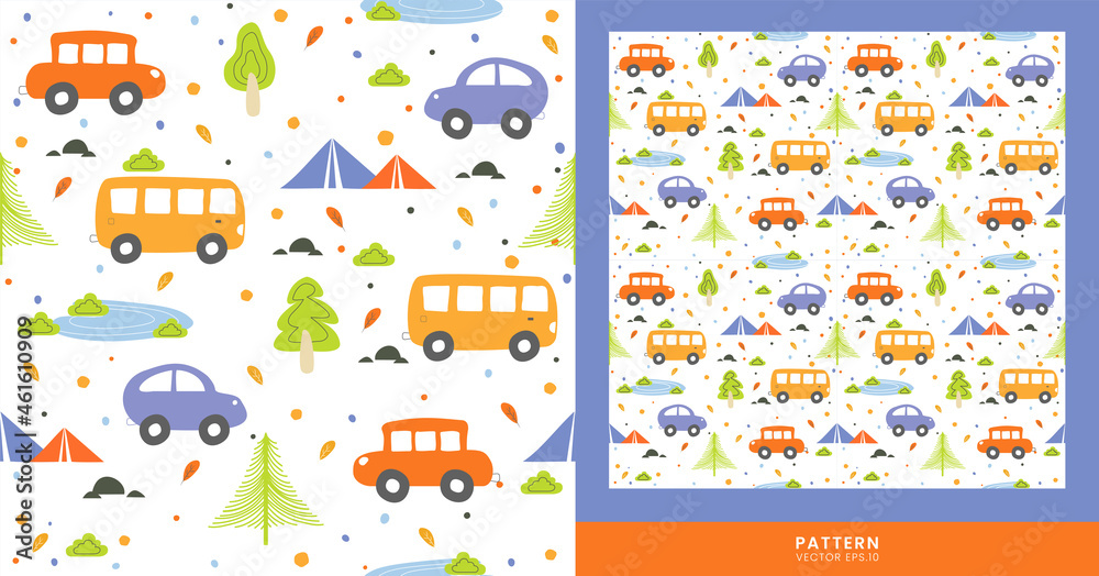 Patterns - vector designs with camping holiday themes, and cute vehicles, perfect for designing clothes, wallpapers, posters and other design needs.