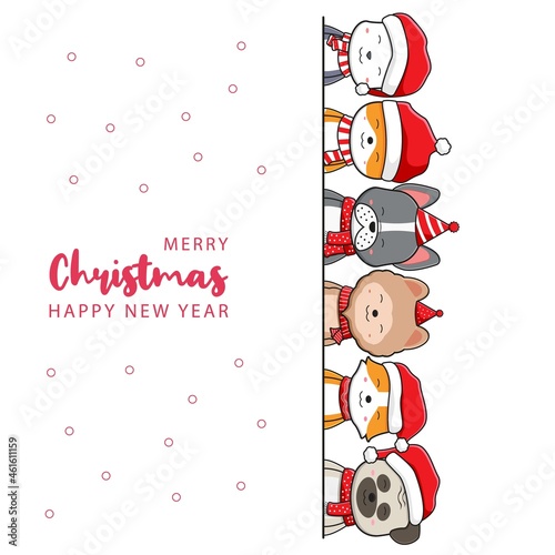 Cute dog family greeting merry christmas and happy new year cartoon doodle card background illustration