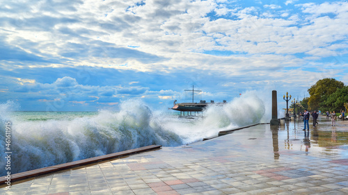 30.09.2021 Crimea. Yalta. Storm waves hitting the embankment