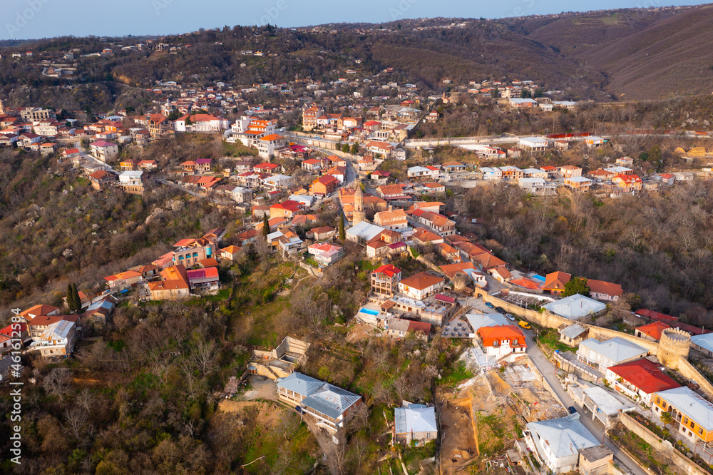 Top view of the small tourist town of Sighnaghi, located on the slope of a cliff in the eastern part of the country of Georgia