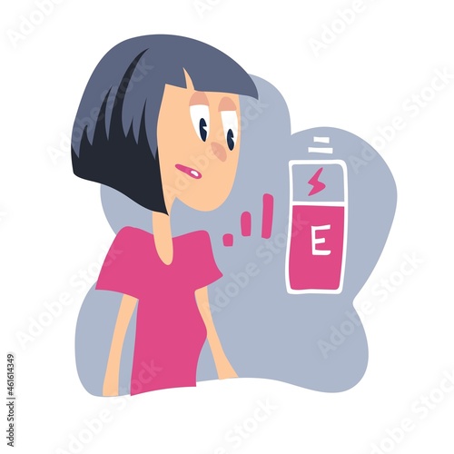 The girl has less energy for work. Woman with battery power. The employee has not had enough rest. Incomplete charge of human energy. Illustration in a flat style