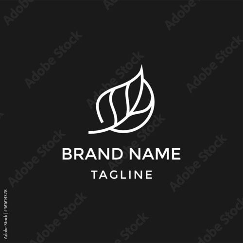 Tropical plant logo. Outline emblem flower or feather in a circle in linear style.
