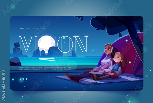 Family on beach enjoying moon light cartoon landing page, mother and little daughter sit on plaid at camp tent on sandy sea shore under fullmoon shining in starry sky, Vector illustration, web banner