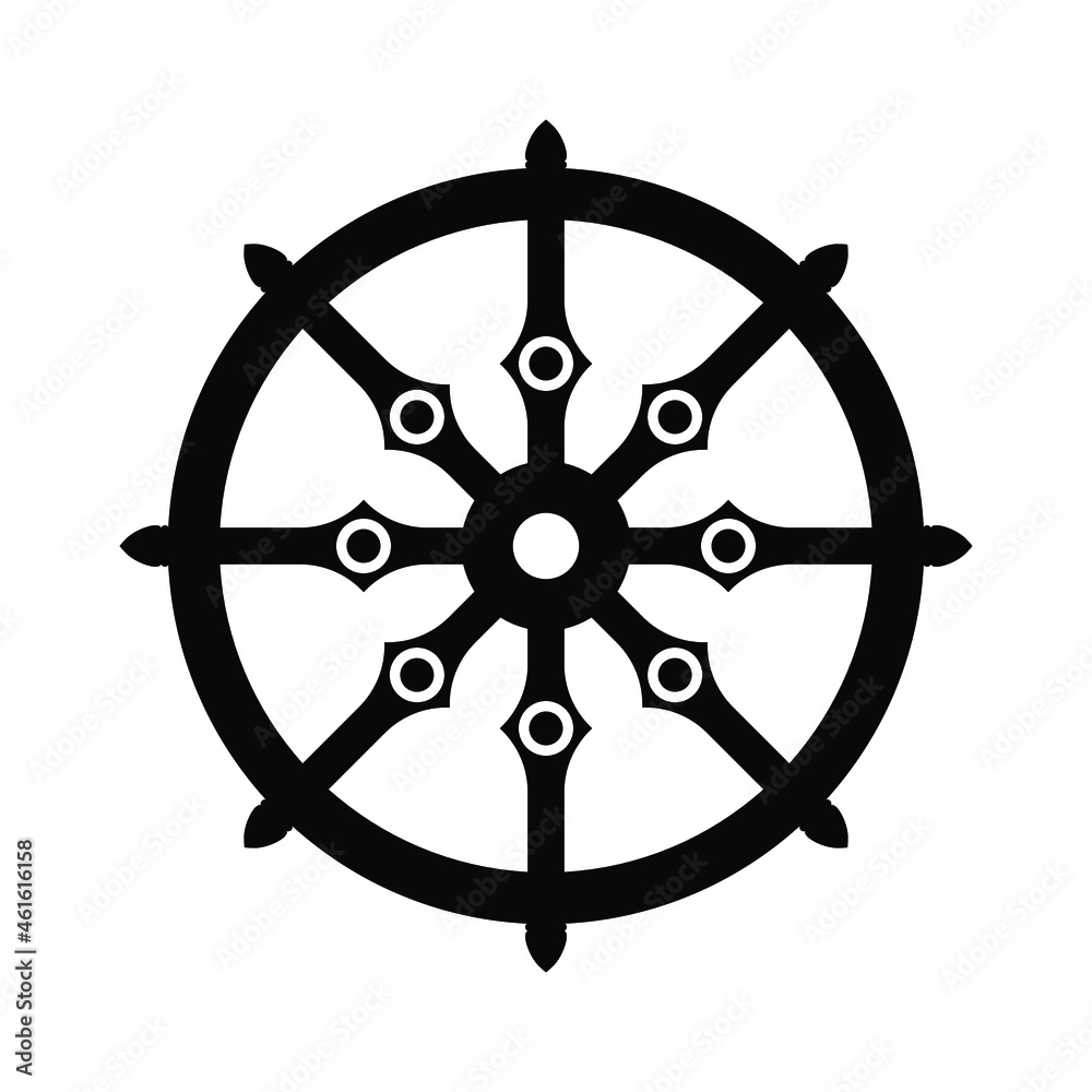 Wheel of Dharma icon. Religious symbol of Buddhism. Vector illustration. Dharma wheel of fortune.