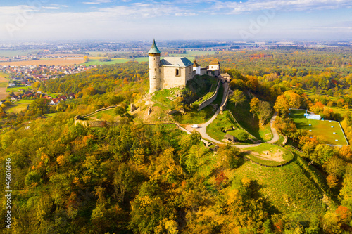 Aerial view of Kuneticka Hora Castle in autumn, Czech Republic