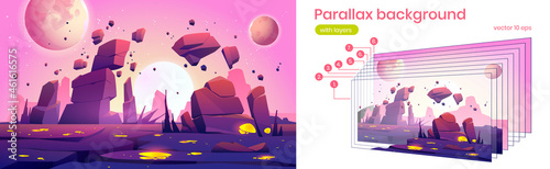 Alien planet landscape with rocks, cracks and glowing spots. Vector parallax background for 2d animation with cartoon fantasy illustration of cosmos with sun and moons and planet surface