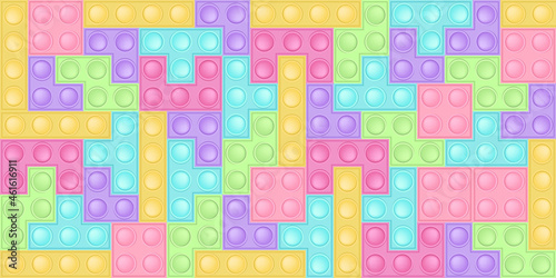 Background of popit bricks - trendy silicon fidget toys. Antistress addictive toy for fidget in rainbow pastel colors. Bubble sensory developing popit for kids fingers. Cartoon vector illustration.