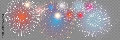 Photo set of isolated vector fireworks on a transparent background.