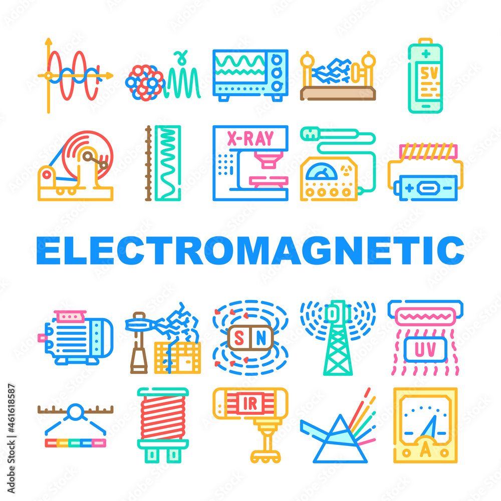 Electromagnetic Science Physics Icons Set Vector. Electromagnetic And Ultraviolet Waves, X-ray Electronic Equipment And Spectrum Range, Prism Light And Sv Battery Line. Color Illustrations