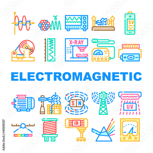 Electromagnetic Science Physics Icons Set Vector. Electromagnetic And Ultraviolet Waves, X-ray Electronic Equipment And Spectrum Range, Prism Light And Sv Battery Line. Color Illustrations