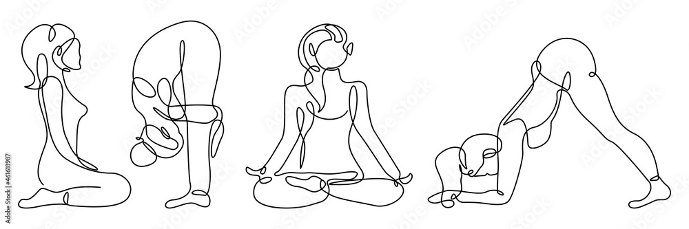 Woman Yoga Continuous Line Drawing Set. Sport Pose Female Silhouette One Line Drawing. Yoga Fitness Vector Illustration Minimalistic Style for Modern Design: Prints, Wall Art, Posters, Social Media. Woman Yoga Continuous Line Drawing Set. Sport Pose Female Silhouette One Line Drawing. Yoga Fitness Vector Illustration Minimalistic Style for Modern Design: Prints, Wall Art, Posters, Social Media.