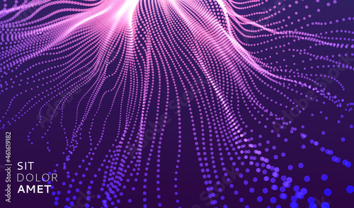 Point explode. Array with dynamic emitted particles. 3d technology style. Abstract background. Vector illustration.