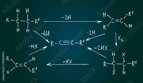 Chemical formula on blackboard. Scientific vector school board. Hand drawn doodle cartoon background of Science theme. 