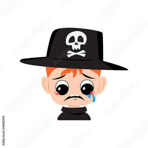 Avatar of boy with red hair, crying and tears emotion, sad face, depressive eyes in hat with skull. Head of cute child with melancholy expression in carnival costume for Halloween party