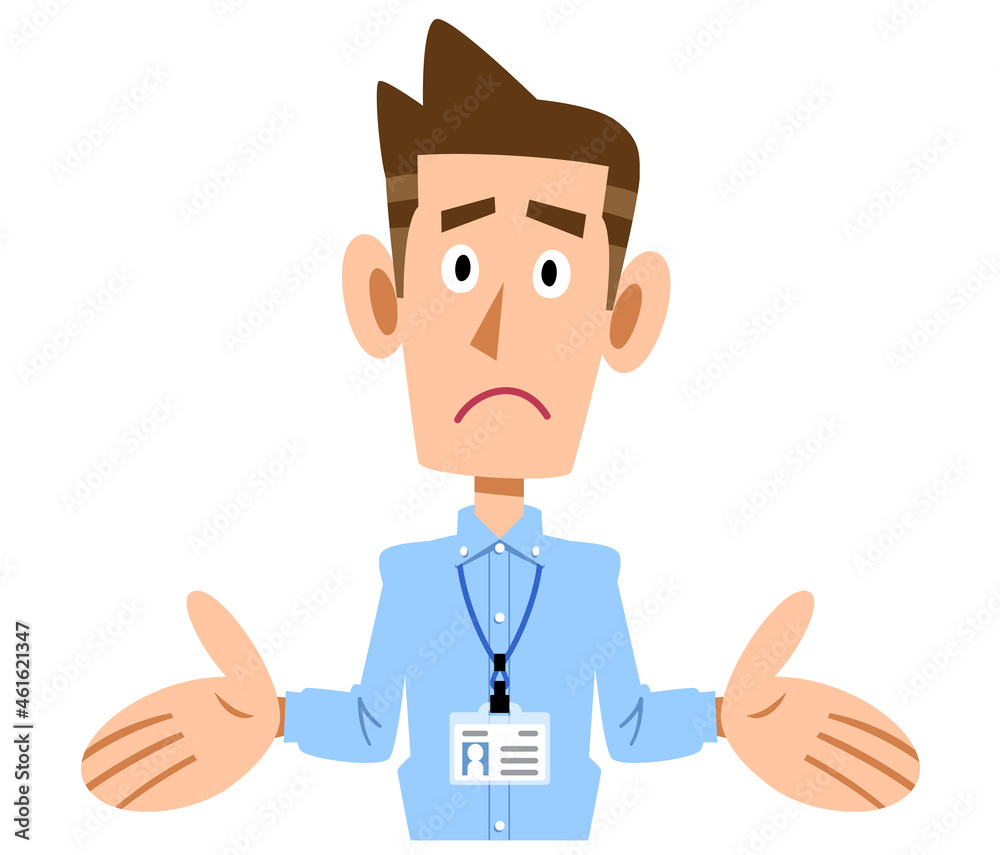 社員証を付け、がっかりする水色のシャツを着た男性
社員証を付け、がっかりする水色のシャツを着た男性