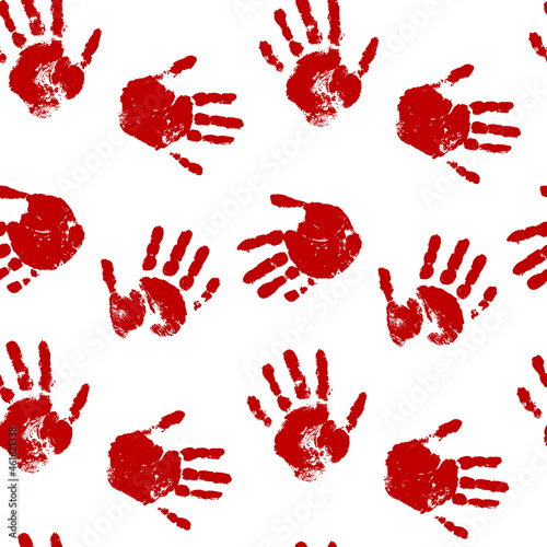 Blood hand print seamless pattern on white background. Red prints. Vector background