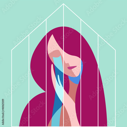 vector image on the theme of domestic violence against women. a woman behind bars locked in a house alone in her grief with tears on her face. the house is like a prison. victim of domestic violence.