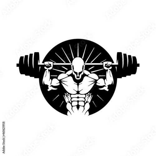 Label strong bodybuilder with barbell, vector, logo, mascot