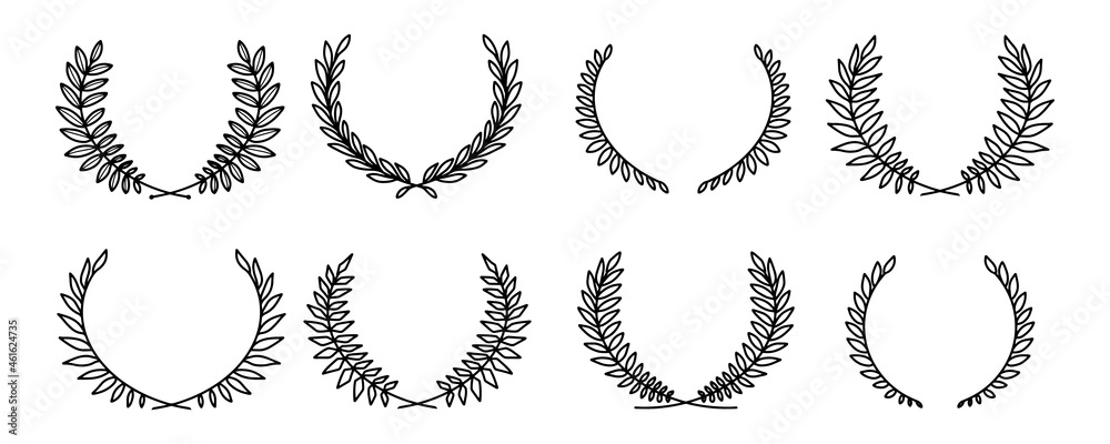 Laurel wreath. Set of outline and vector hand drawn laurel wreaths isolated on white background. Doodle style. Outline floral frames.