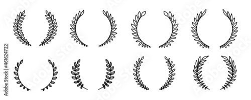 Laurel wreath. Set of outline and vector hand drawn laurel wreaths isolated on white background. Doodle style. Outline floral frames.