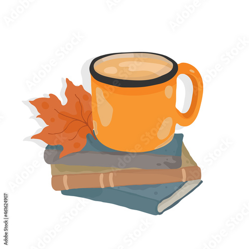 Picnic in the autumn garden. Tea, coffee in a mug. Books. Yellow leaves. Autumn decorative design. Isolated vector colorful element on a white background. 